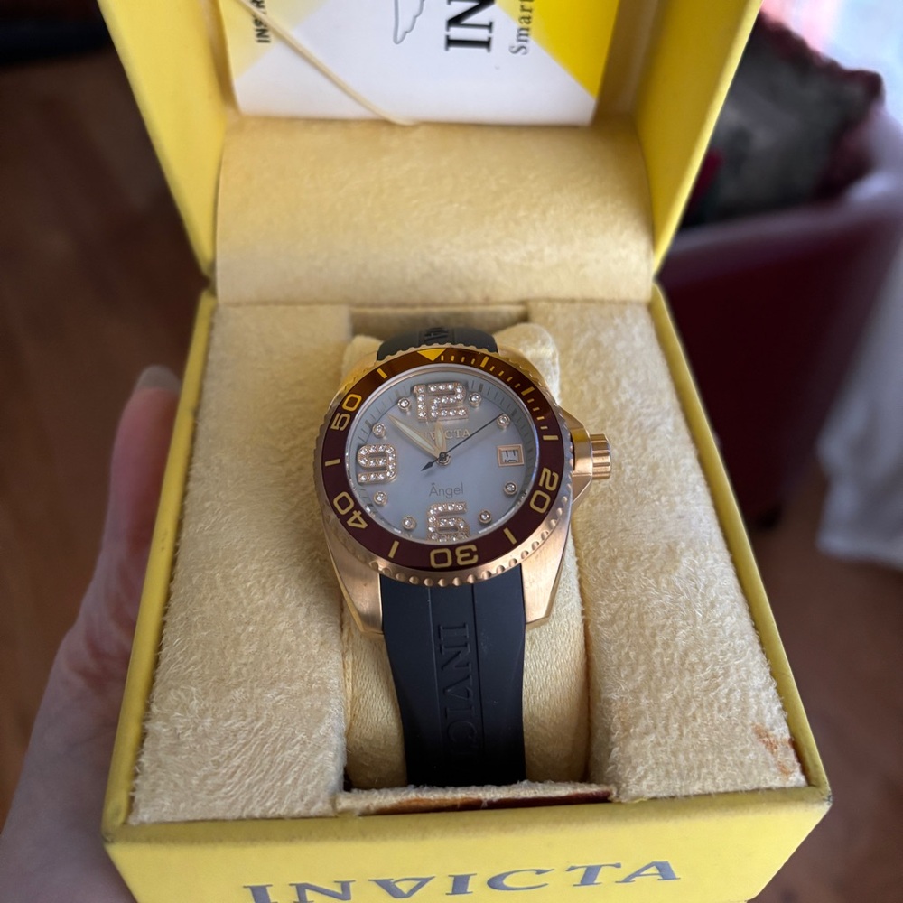 Invicta Watch Pearl White Face Burgundy and Gold w/Black Rubber Adjustable Band